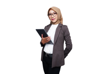 Hijab muslim business woman with tablet isolated transparent