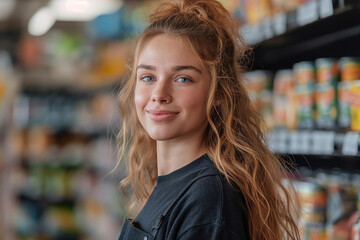 Young Warehouse Worker, Food Stocker in Supermarket Aisles, Workplace Equality on Women's Day