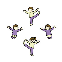 いろいろなポーズの元気で笑顔の子供たちのイラスト　カラー線画