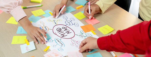 Creative business team brainstorming about marketing strategy and business plan by using mind mapping. Startup team work together to write down on paper. Focus on hand. Closeup. Variegated.