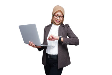 Hijab muslim business woman with laptop isolated transparent