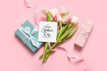 Card with text HAPPY MOTHER'S DAY, gift boxes and tulip flowers on pink background