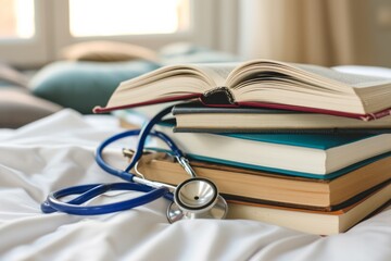 Stack of books with stethoscope and open book on top