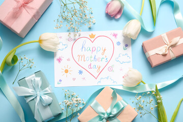 Card with text HAPPY MOTHER'S DAY, gift boxes and beautiful flowers on blue background