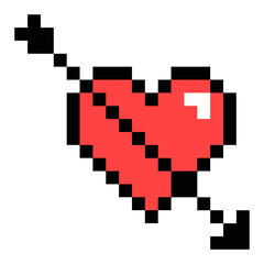 Pixelated arrow heart. Pixels forming a heart with an arrow in black and red.