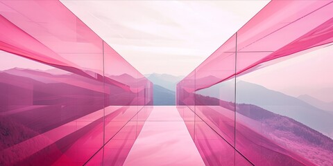 Abstract pink glass structure with mountains in the distance