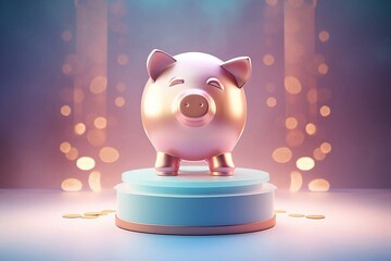 3D piggy bank displayed on a pedestal. Generative AI