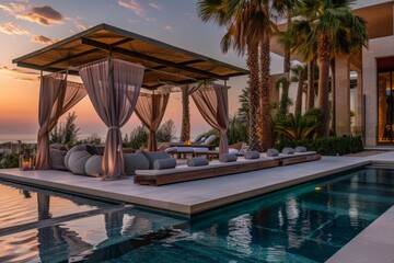 Obraz na płótnie Canvas Luxury poolside lounge area at sunset