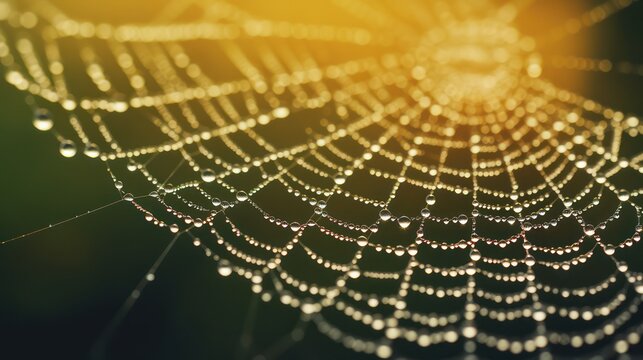 Close up photo of spider web with morning dew