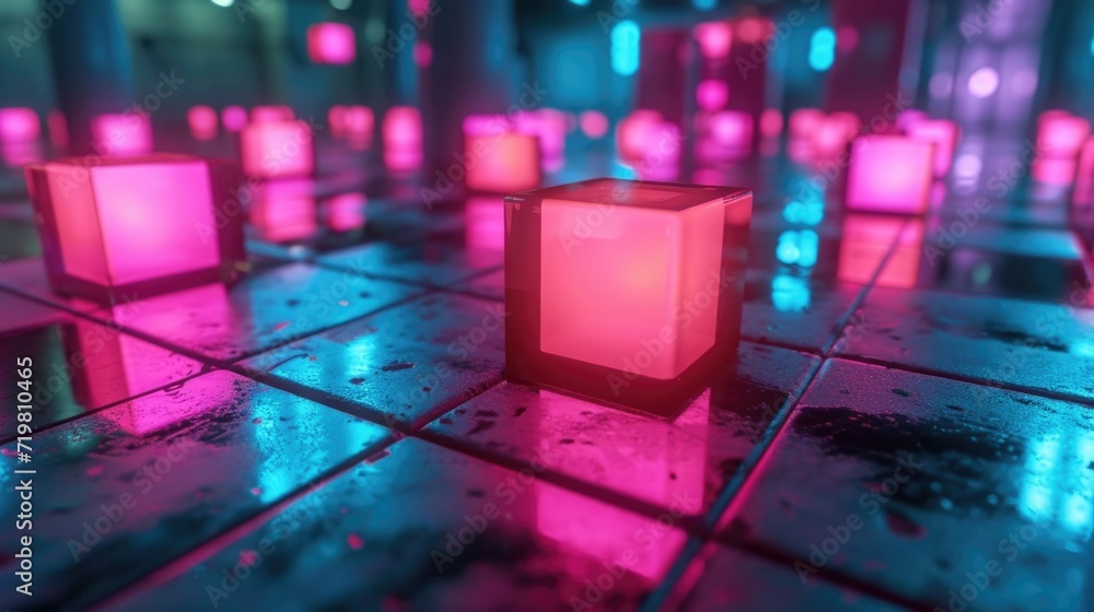 Poster neon cubes floating in a grid casting a vibrant glow in every direction.