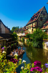 View of Little Venice, picturesque blooming old tourist area in historic center of Colmar city...