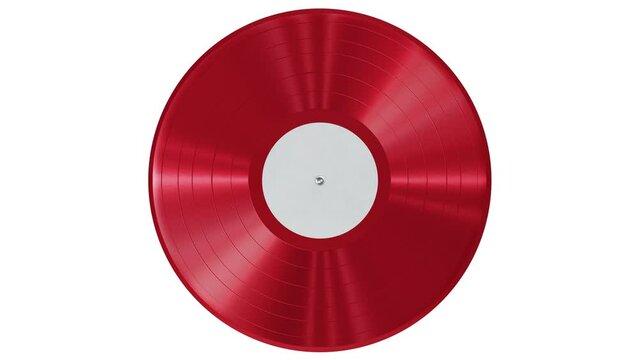 Realistic seamless looping 3D animation of the spinning single fancy red vinyl record with a blank white label rendered in UHD as motion background