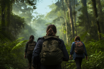 Green hiking walk traveler nature tree person forest jungle backpack rainforest adventure