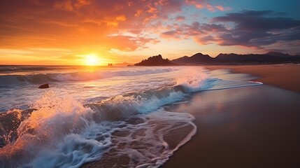View of the beach, clean and clear wave sea, Sunset golden light sky scene.	
