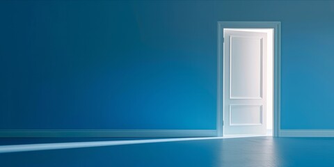 Open door with light streaming into a blue room