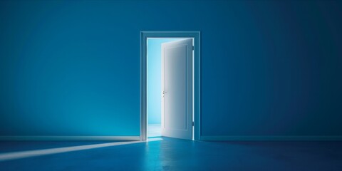 Open door with light streaming into a blue room