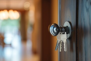 Obraz premium Keys hanging in a door lock with home interior in the background