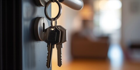 Keys hanging in a door lock with home interior in the background - obrazy, fototapety, plakaty