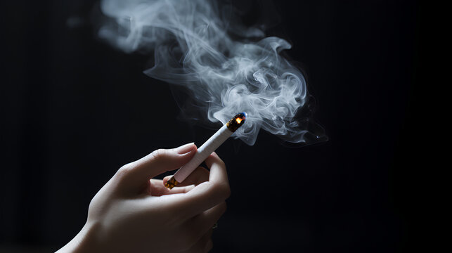 A hand holds a lit cigarette and releases smoke, on background