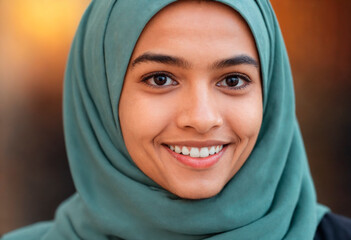 Portrait of young muslim woman with hijab smiling at camera