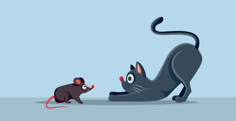 Cat versus Mouse Rivalry Vector Funny Conceptual Illustration. Comical friends and enemies mice and kitty facing each other
