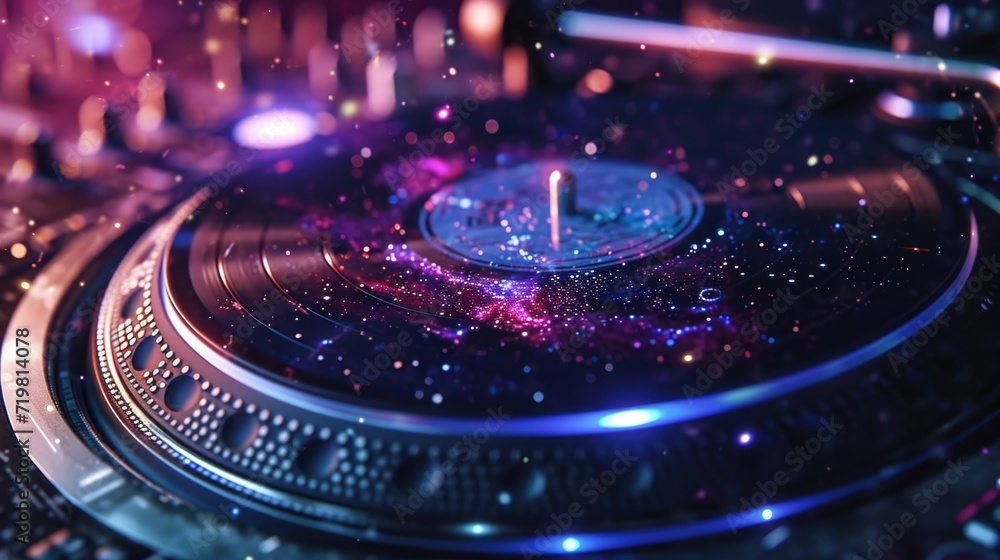 Poster experience the wonder of the dj turntable galaxy where vinyl records are transformed into celestial 