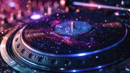 Experience the wonder of the DJ turntable galaxy where vinyl records are transformed into celestial objects creating a mesmerizing and otherworldly display.