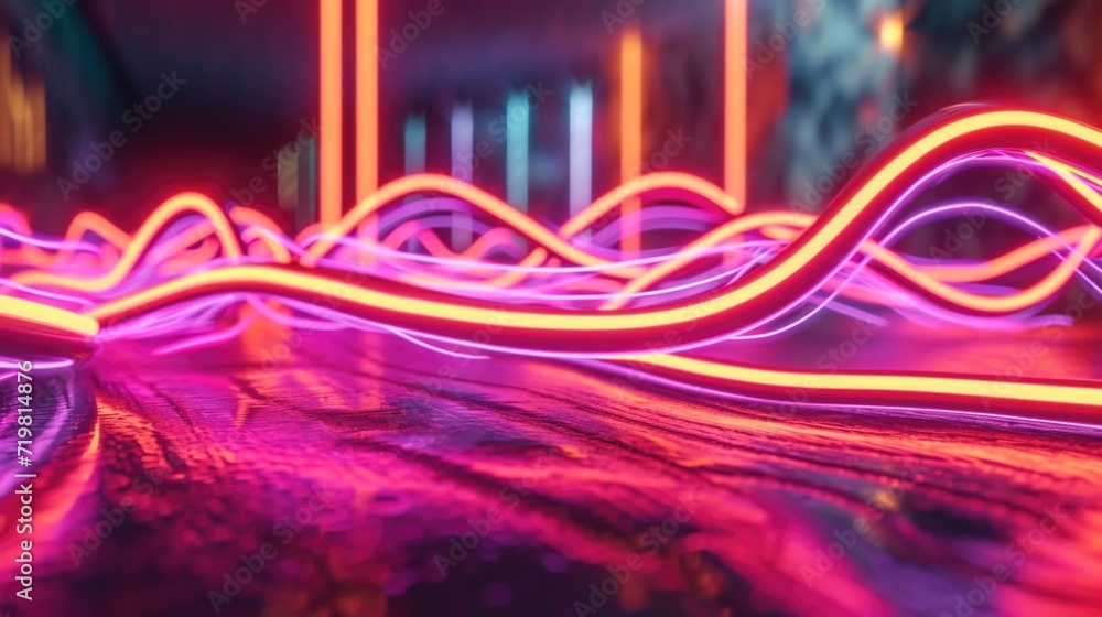 Poster bold neon lines twist and bend forming an abstract representation of sound waves that seem to radiat