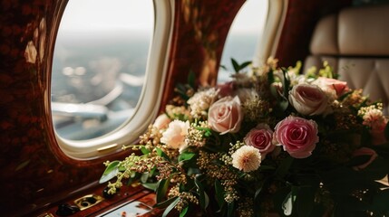 Gaze out the private jet window at a breathtaking urban panorama, while sitting amidst an opulent display of bountiful flower bouquets and verdant foliage. - Powered by Adobe