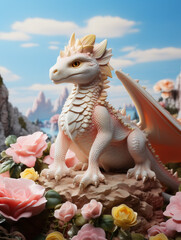 a cute strong fantasy dragon with wings  standing on the stone with flowers under the blue sky