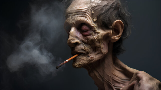 An emaciated man smokes and has lung disease, on background