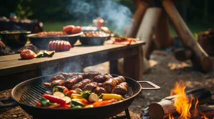 BBQ grill barbecue outdoor picnic holiday. Smoke hot stove, Food is served on wooden tables.