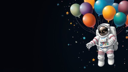 Fototapeta na wymiar Children's cartoon astronaut themed birthday greeting card illustration design. Copy space text template.