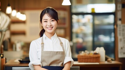 Japanese works in a cake shop pastry chef concept  with uniform She is a cake making staff Generative AI
