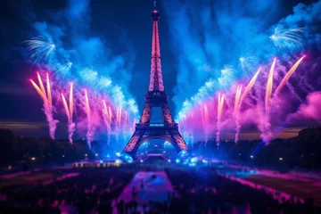 Foto op Canvas The eiffel tower in Paris, France silhouetted against celebration fireworks © ink drop
