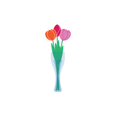 a beautiful transparent vase, water in a vase, tulips of different colors, a bouquet of flowers for valentine's day