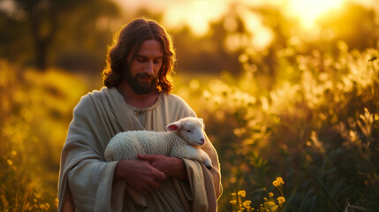 Jesus Christ holds a little lamb in his hands. A caring shepherd saves one lamb