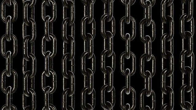 Realistic looping 3D animation of the powder coated vertical steel chains rendered in UHD with alpha matte