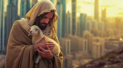 Jesus Christ holds a little lamb in his hands. A caring shepherd saves one lamb