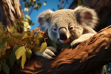 A sleepy koala clinging to a eucalyptus tree