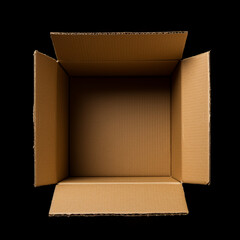 An Open Empty Cardboard Box with black background
top view