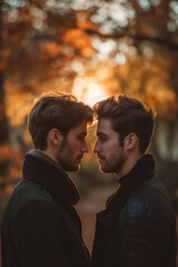 Fototapeta premium Cute gay couple showing love in a park