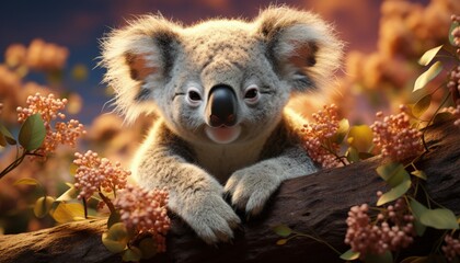 A sleepy koala clinging to a eucalyptus tree