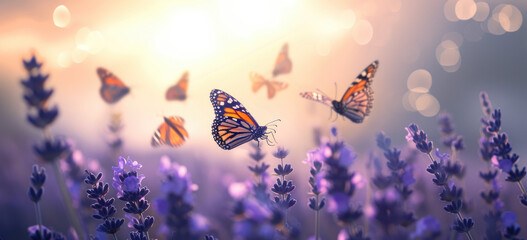 butterflies flying over lavender plants on a cloudy day