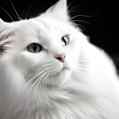 White cat with blue eyes close-up studio photo. Generative AI