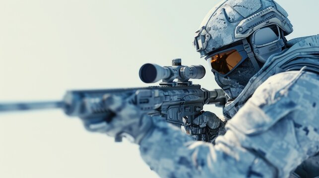Cartoon digital avatar of a sniper in snow camo, keeping watch with a precision sniper rifle