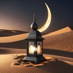 Photo a lantern in the desert with the moon in the background