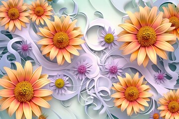 flower card design 3d template, in the style of feminine sticker art, paper sculptures, shaped canvas, floral motifs. 