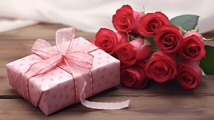 Simple pink rose bouquet and a pink wrapped present for Valentine's Day