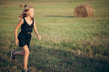 happy girl running across the field, summer, vacation